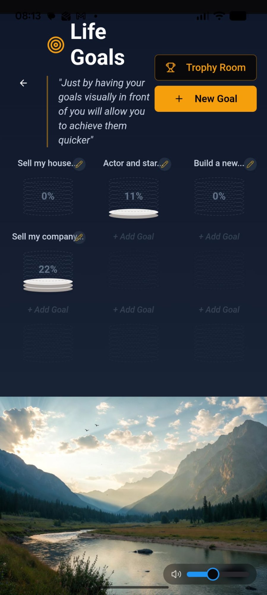 9 Plates Life Goals screen showing big goals broken into spinning plate tasks